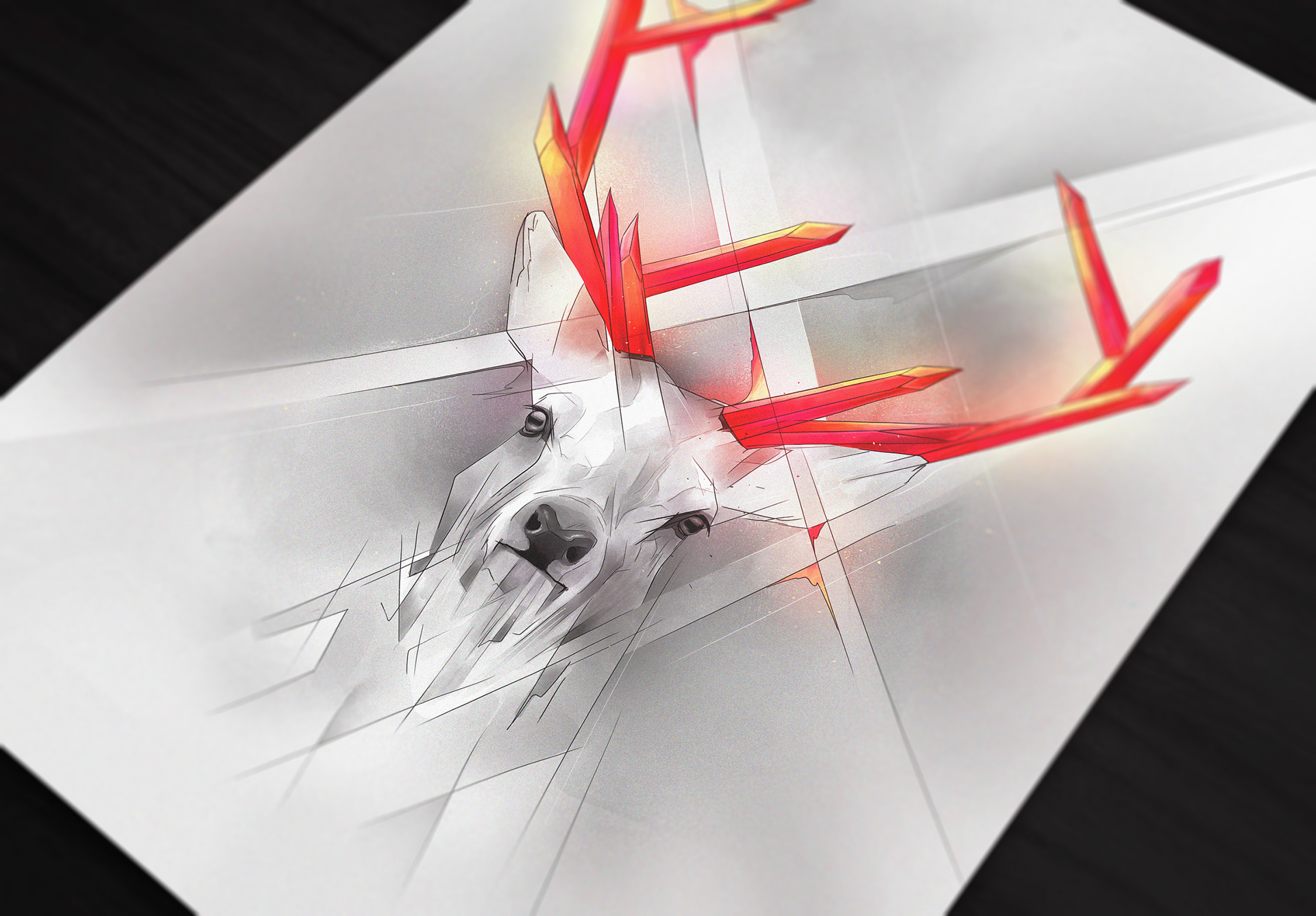 print mock-up poster design illustrating a deer with red glowing horn as crystals