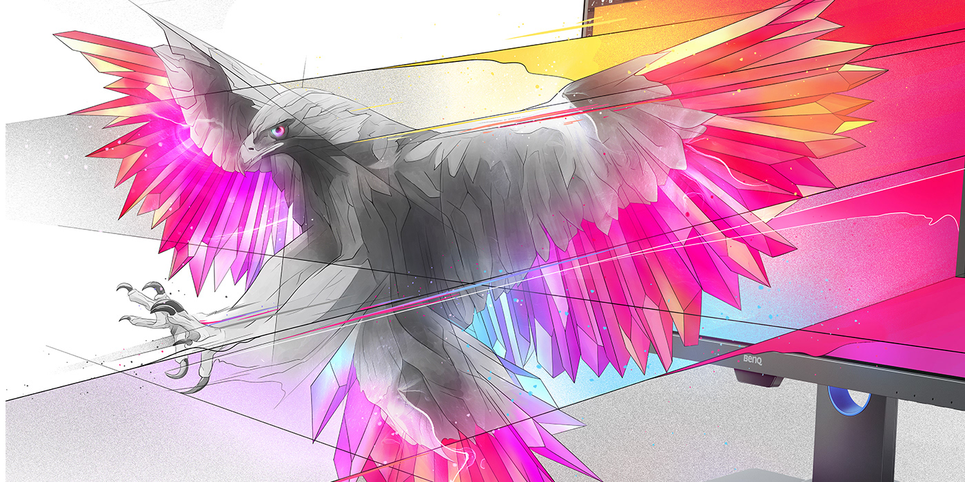 colorful crystal design illustrating a winged eagle glowing rainbow coming out of a screen