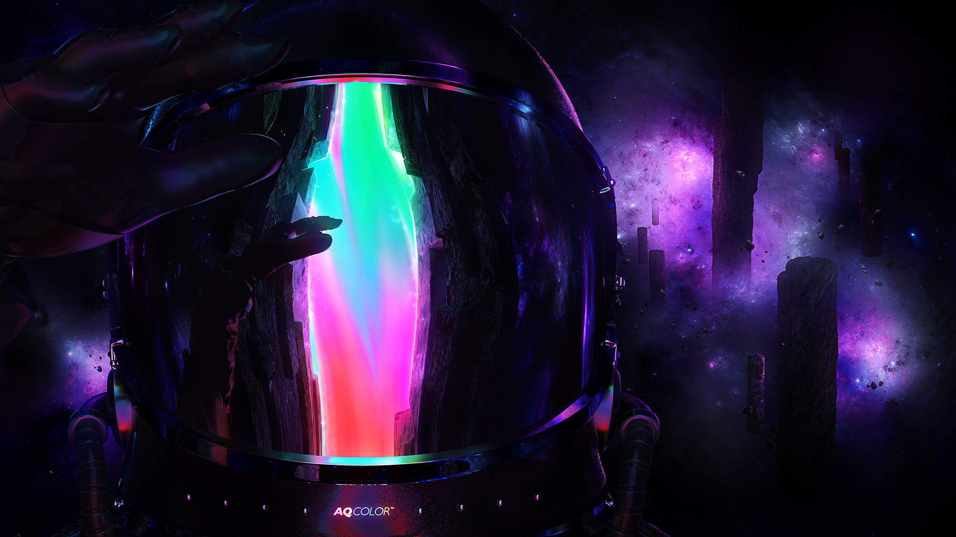 3d render of space astronaut looking at rainbow colored portal through space in far galaxy