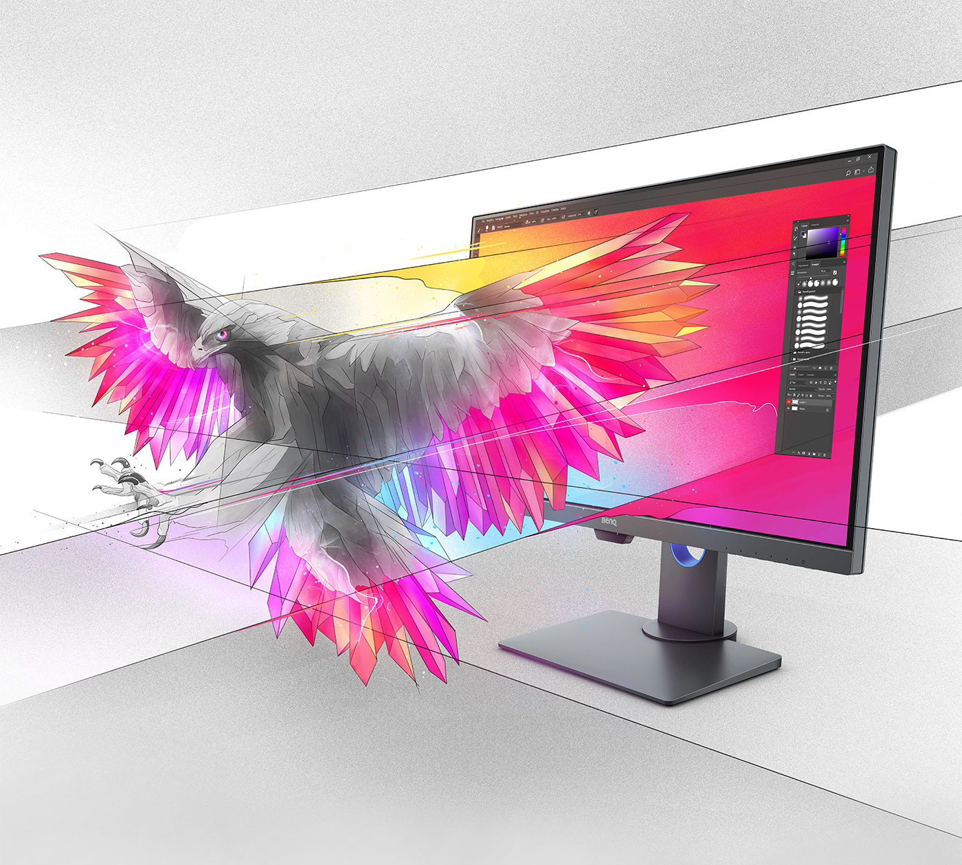 colorful crystal design illustrating a winged eagle glowing rainbow coming out of a screen