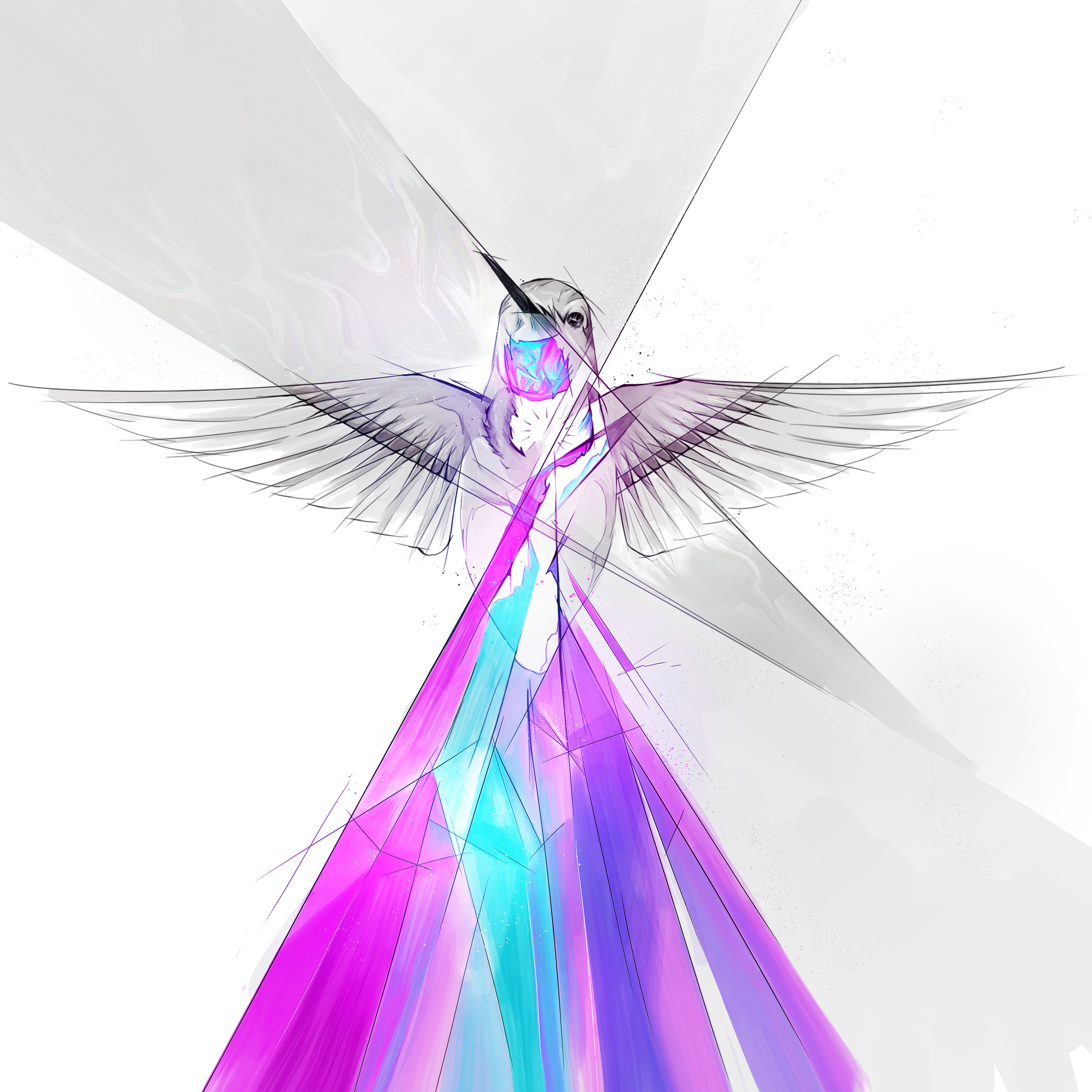 poster design illustrating a hummingbird with glowing colorful crystal feathers