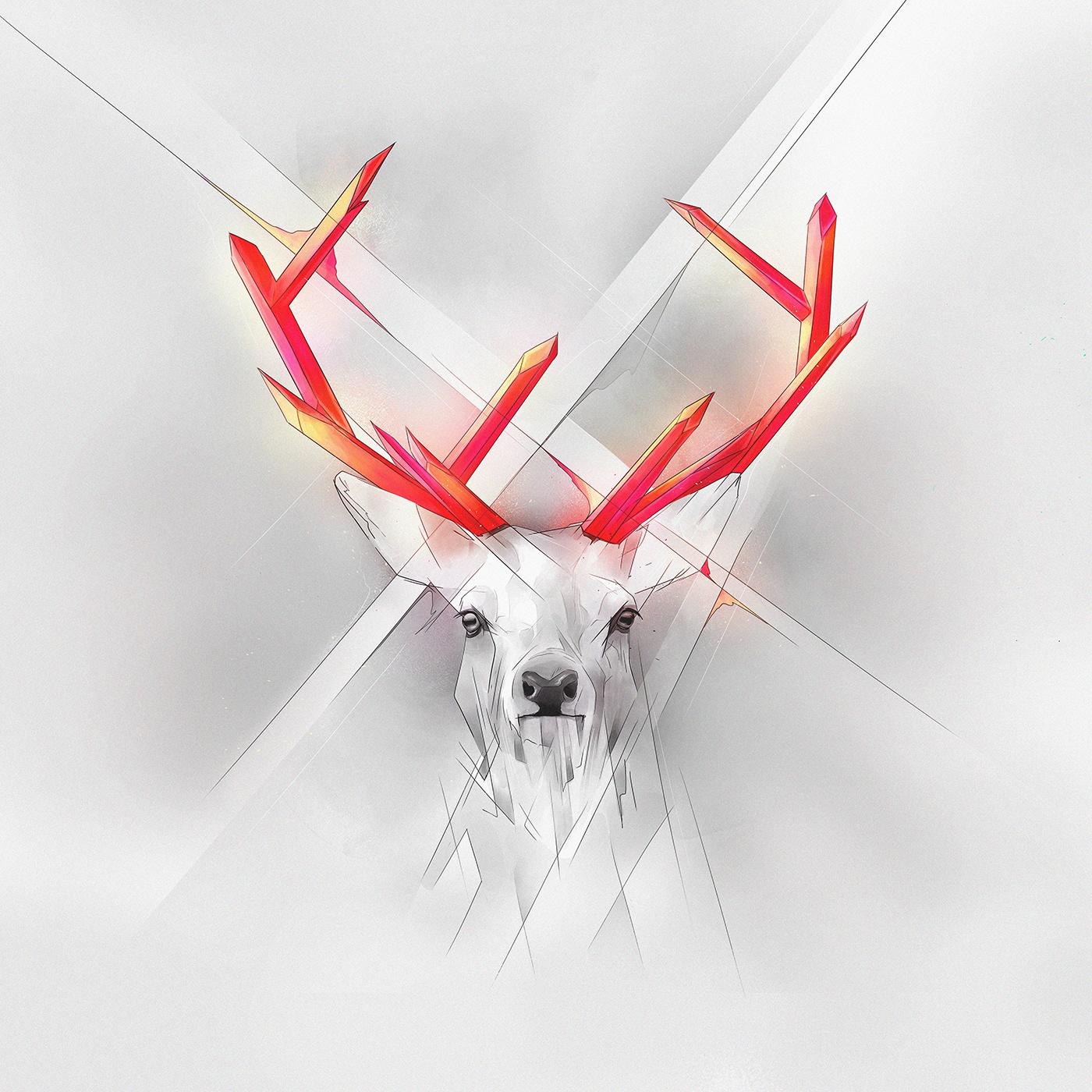 poster design illustrating a deer with red glowing horn as crystals