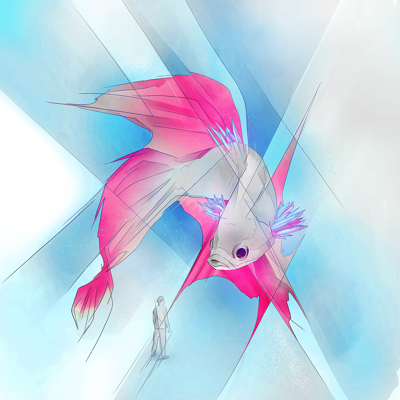 colorful poster design illustrating a betta fish underwater with glowing colorful crystal fins confronting a man
