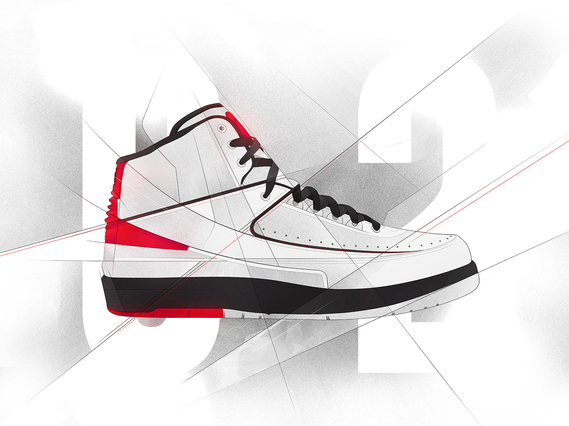 strong constrast poster design illustrating a nike air jordan 2 with grunge black and white background