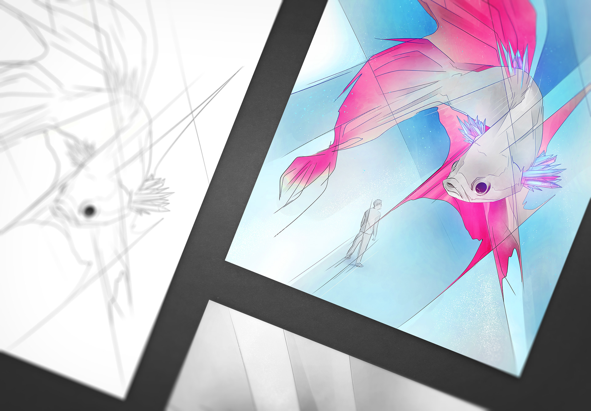 print mock-up colorful poster design illustrating a betta fish underwater with glowing colorful crystal fins confronting a man