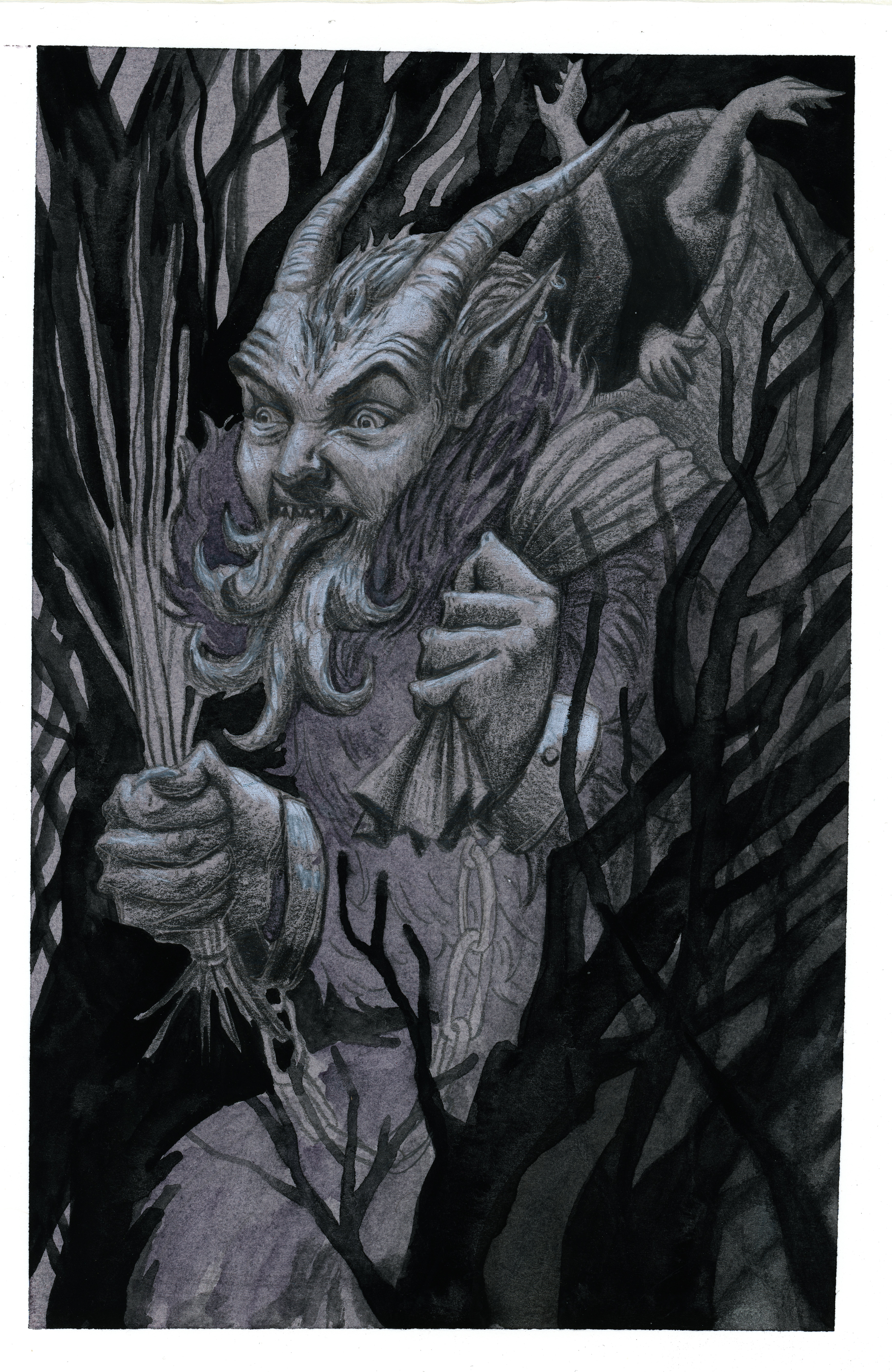 "Krampus", 2024. Graphite and watercolor on paper.