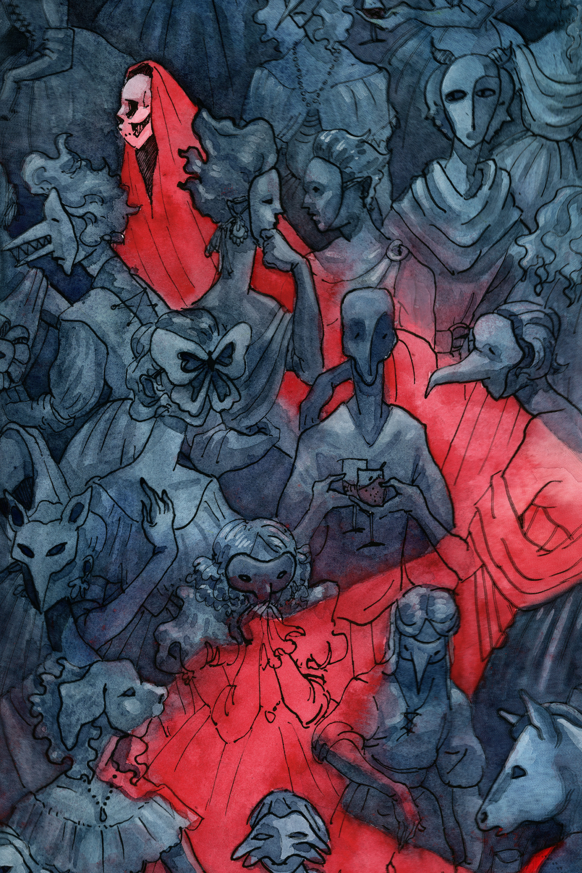 "Death in the Crowd", interior illustration for Masque of the Red Death by Edgar Allan Poe