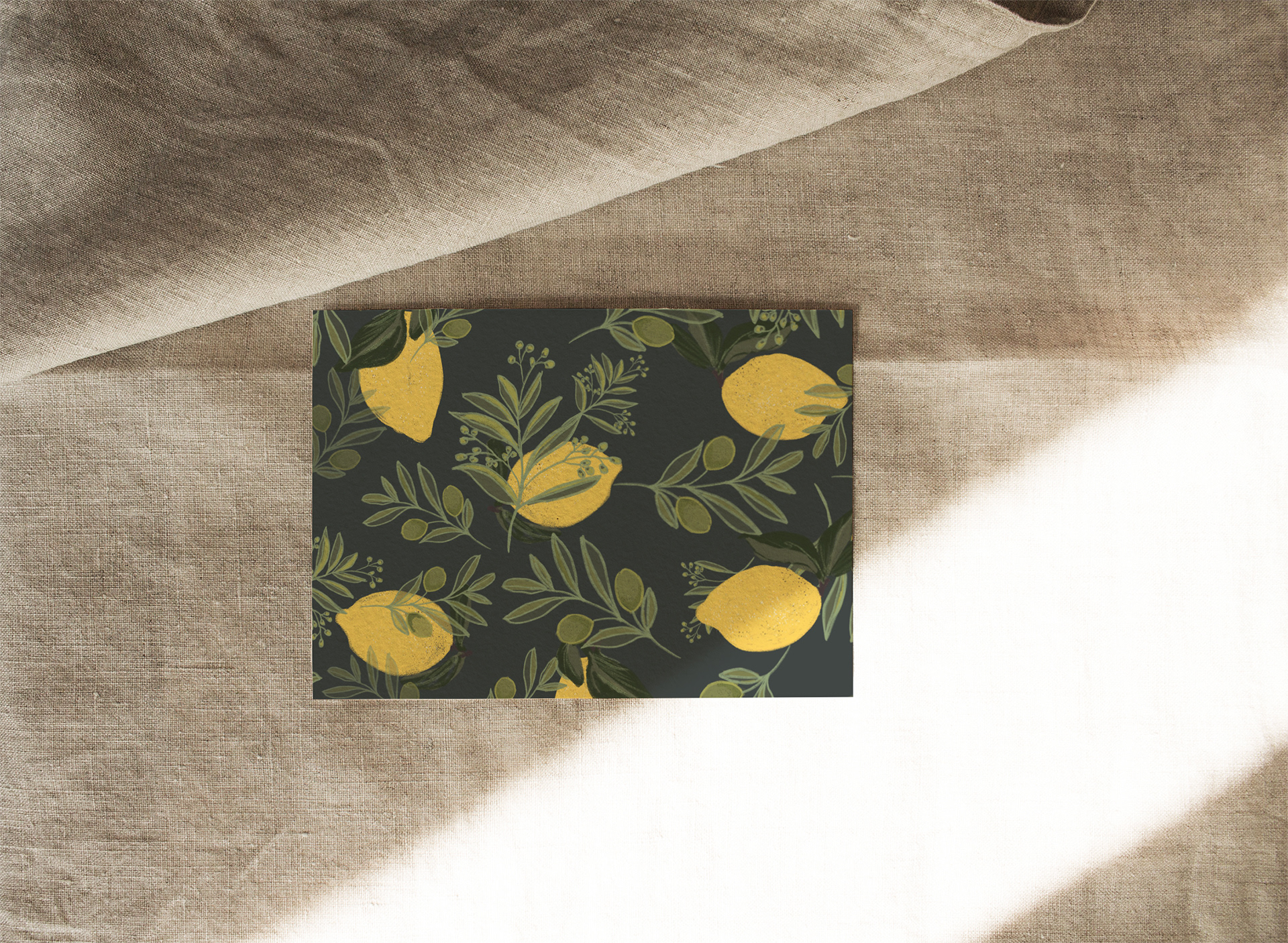 Zitronen-Oliven. Papier-Tischsets in vielen Farben und illustrierten Motiven im Shop