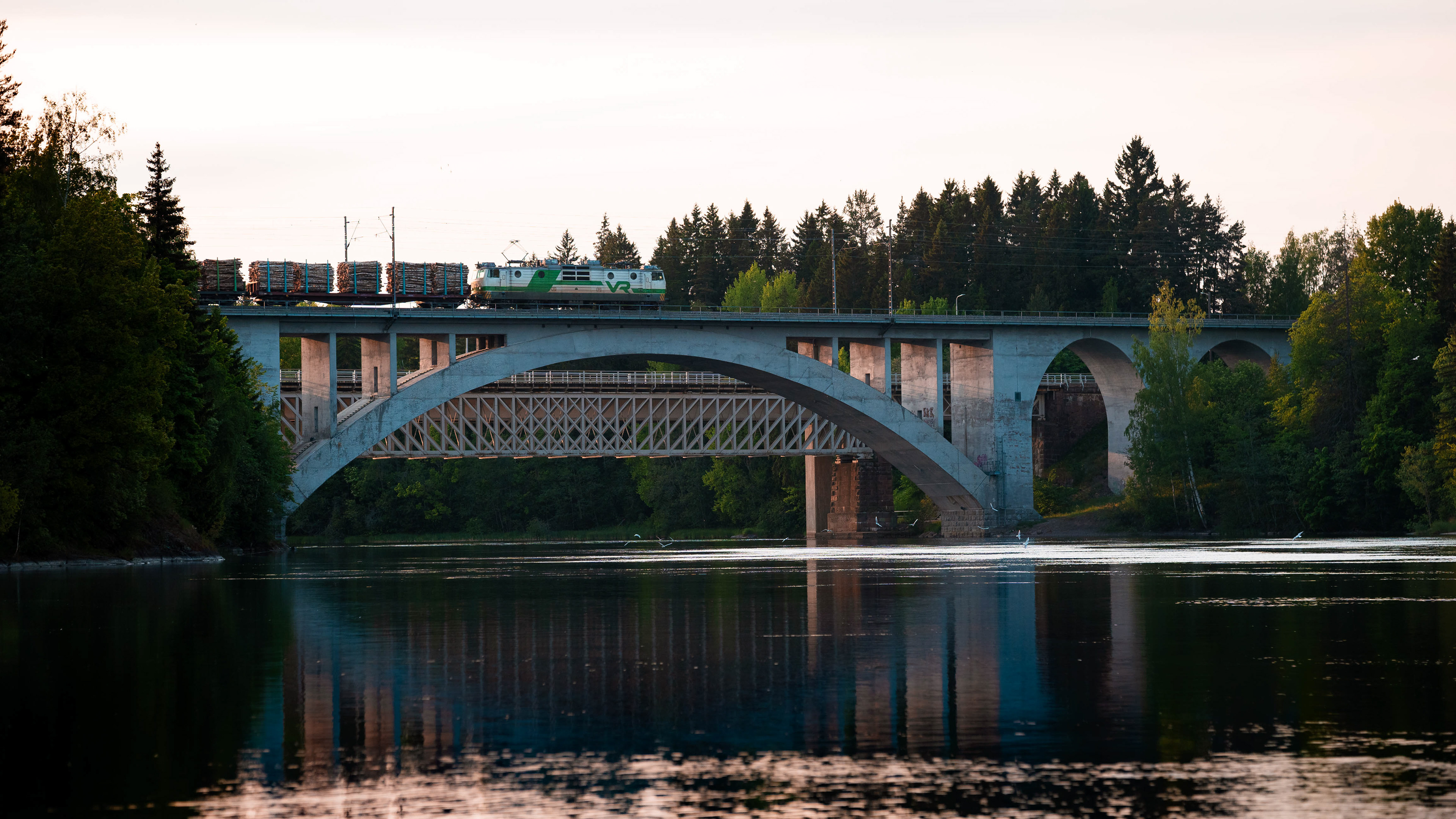 Sr1-sähköveturin vetämä tukkijuna kuljettamassa raakapuuta Seinäjoelta Kouvolan lajitteluun. Kuvassa juna ylittämässä Kymijokea Korian rautatiesillalla. (6.6.2025)