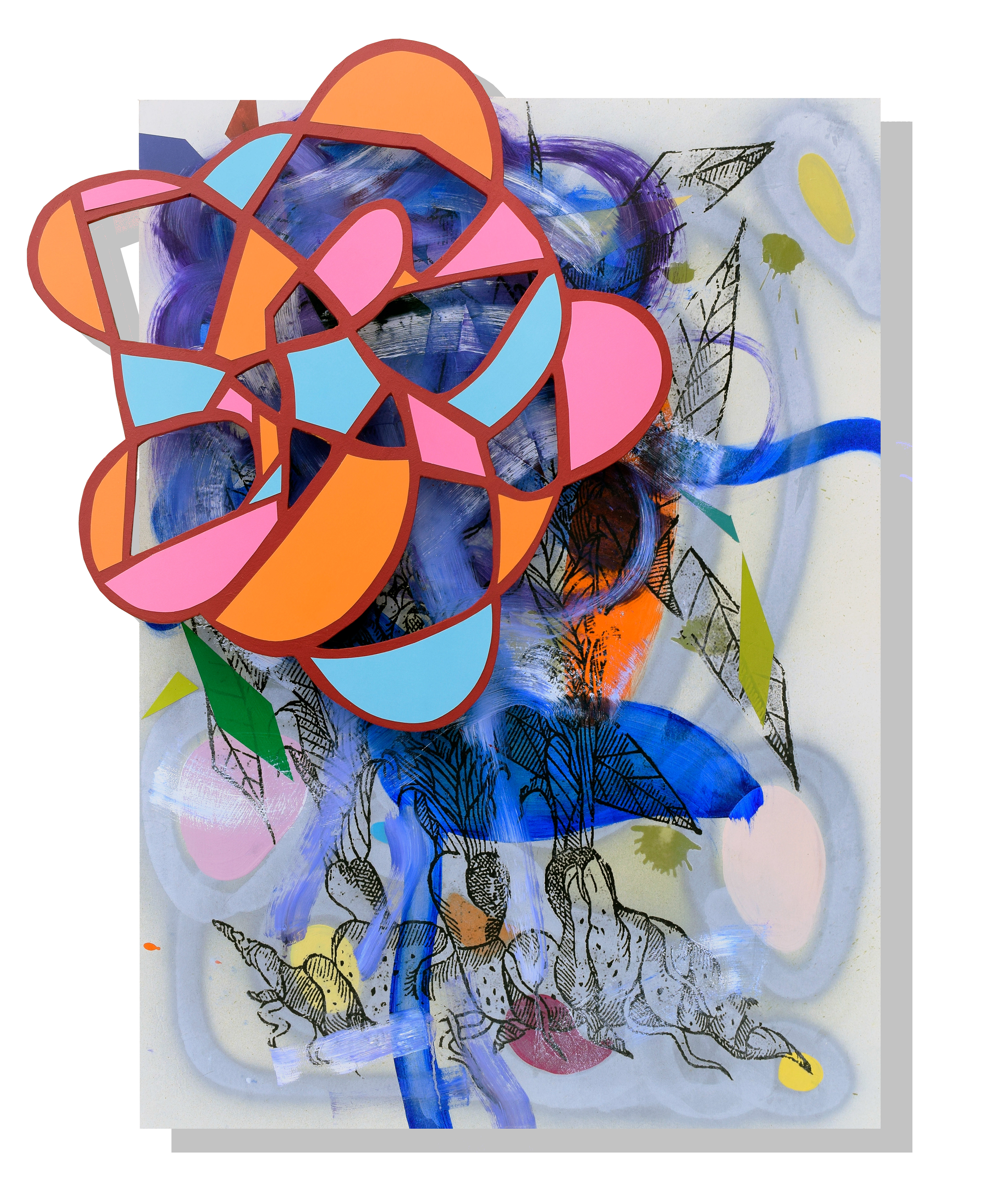 Pin Wheel, 2016, 25"x31" Wall Relief: mixed media collage on panel