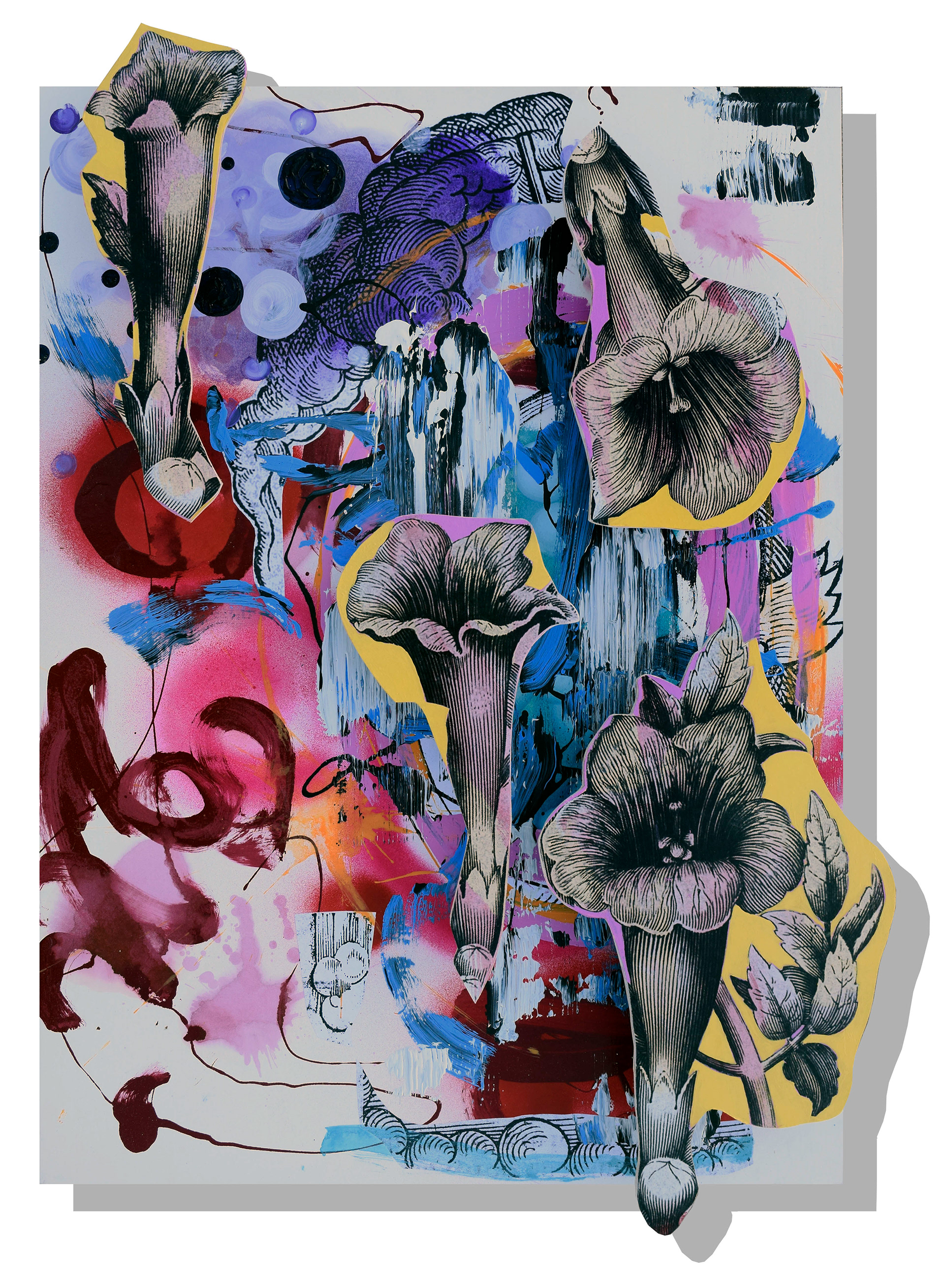 Kicking Flowers (Meant for You), 2016, 24"x30" Wall Relief: mixed media collage on panel