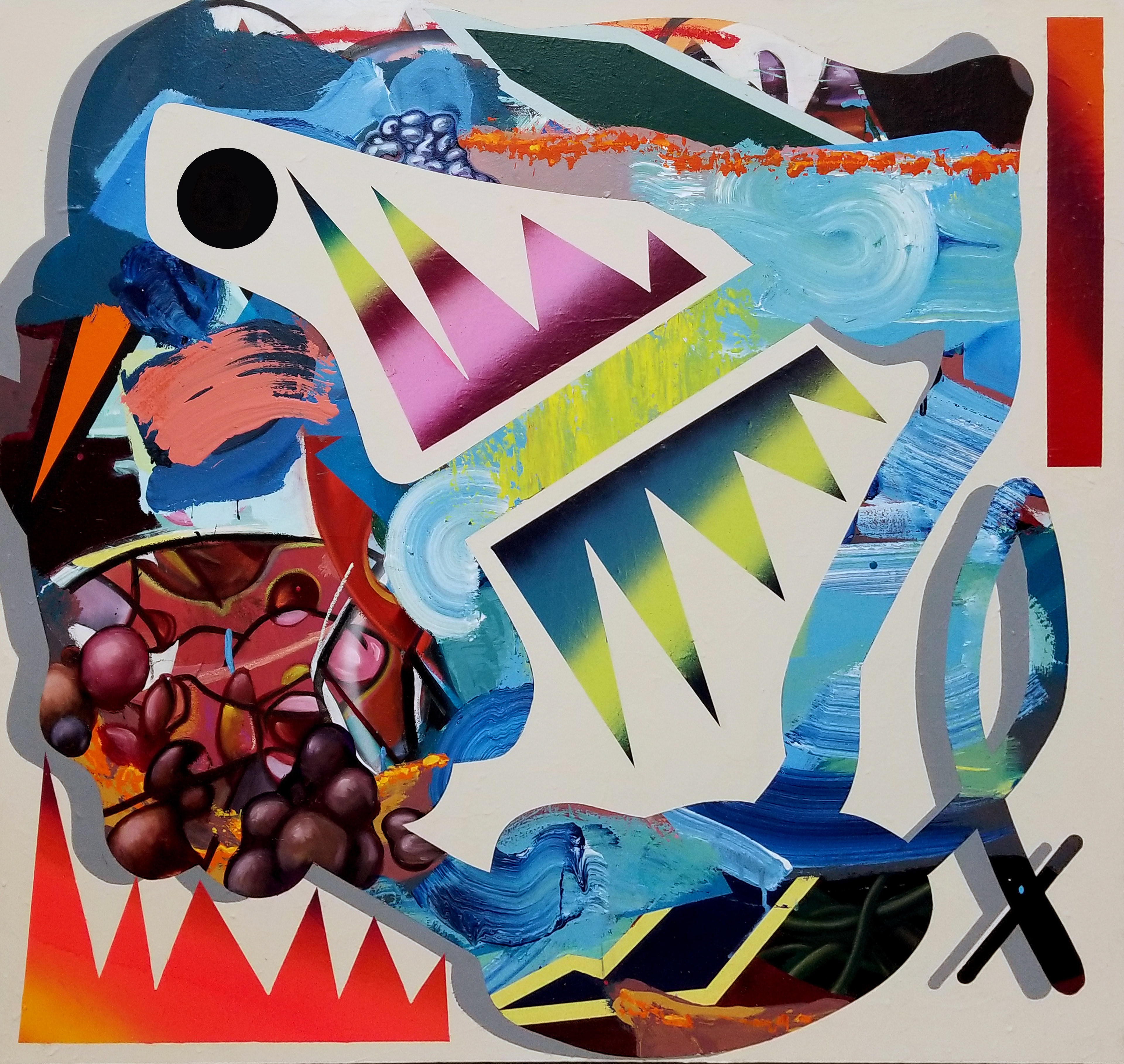 Trigger Trap, 2019, 32" x 34" mixed media on canvas