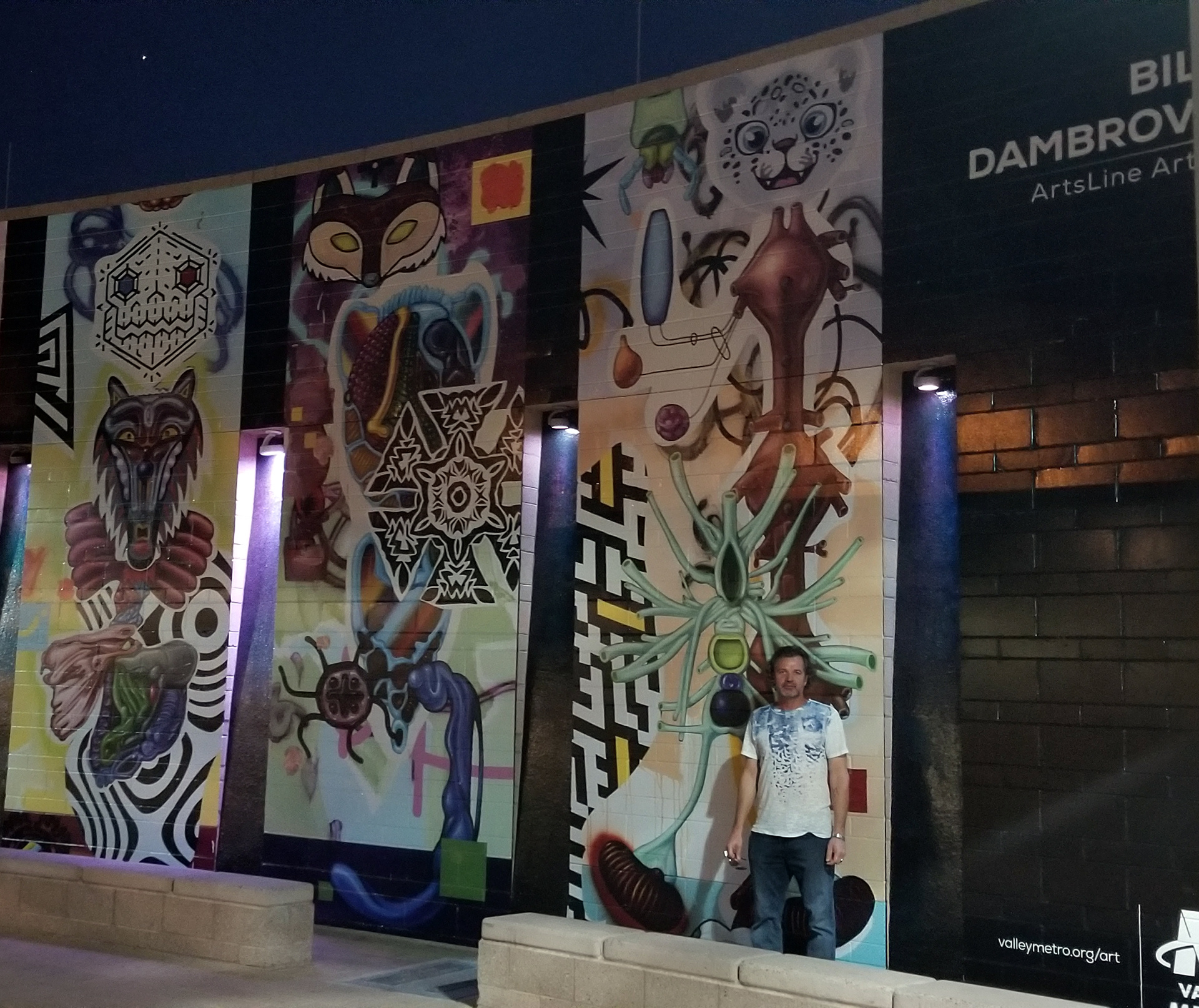 Night shot of my mural at the Roosevelt and Central Light Rail Station, 2018