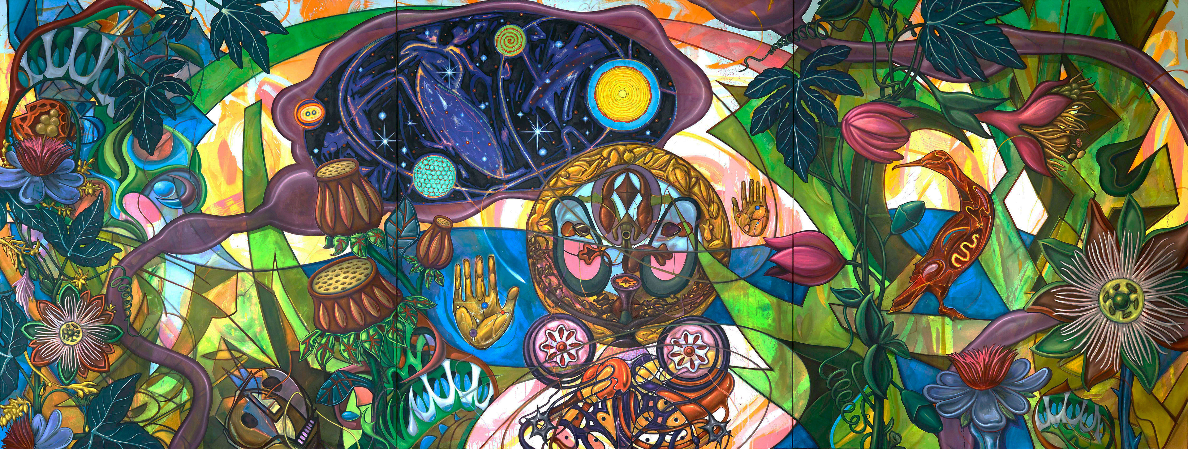 Day Trip in Central Park, 2023, mixed media on canvas, 252” x 96”
