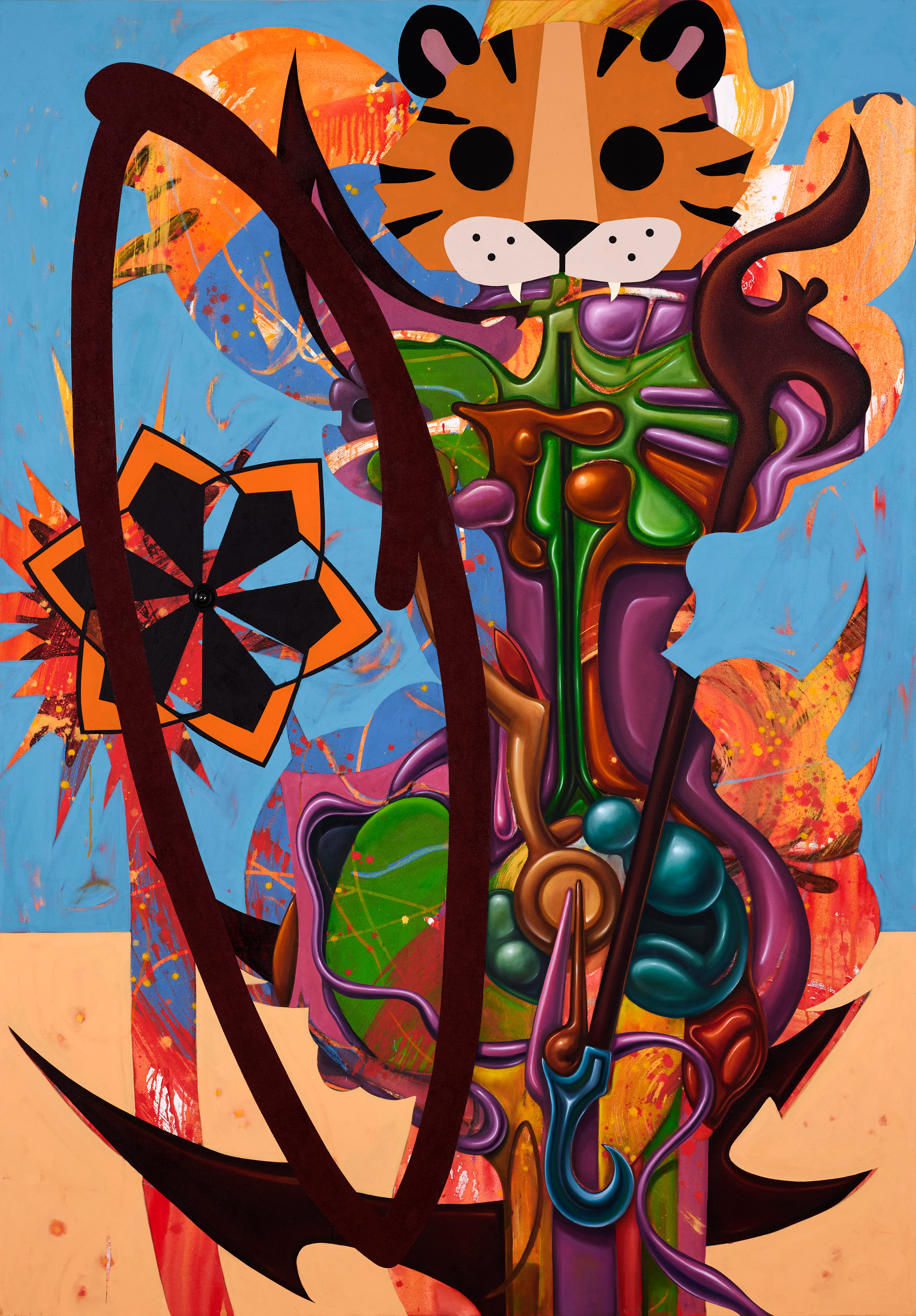 The Gods Love to Travel in Disguise, 2023, mixed media on canvas, 56” x 80”