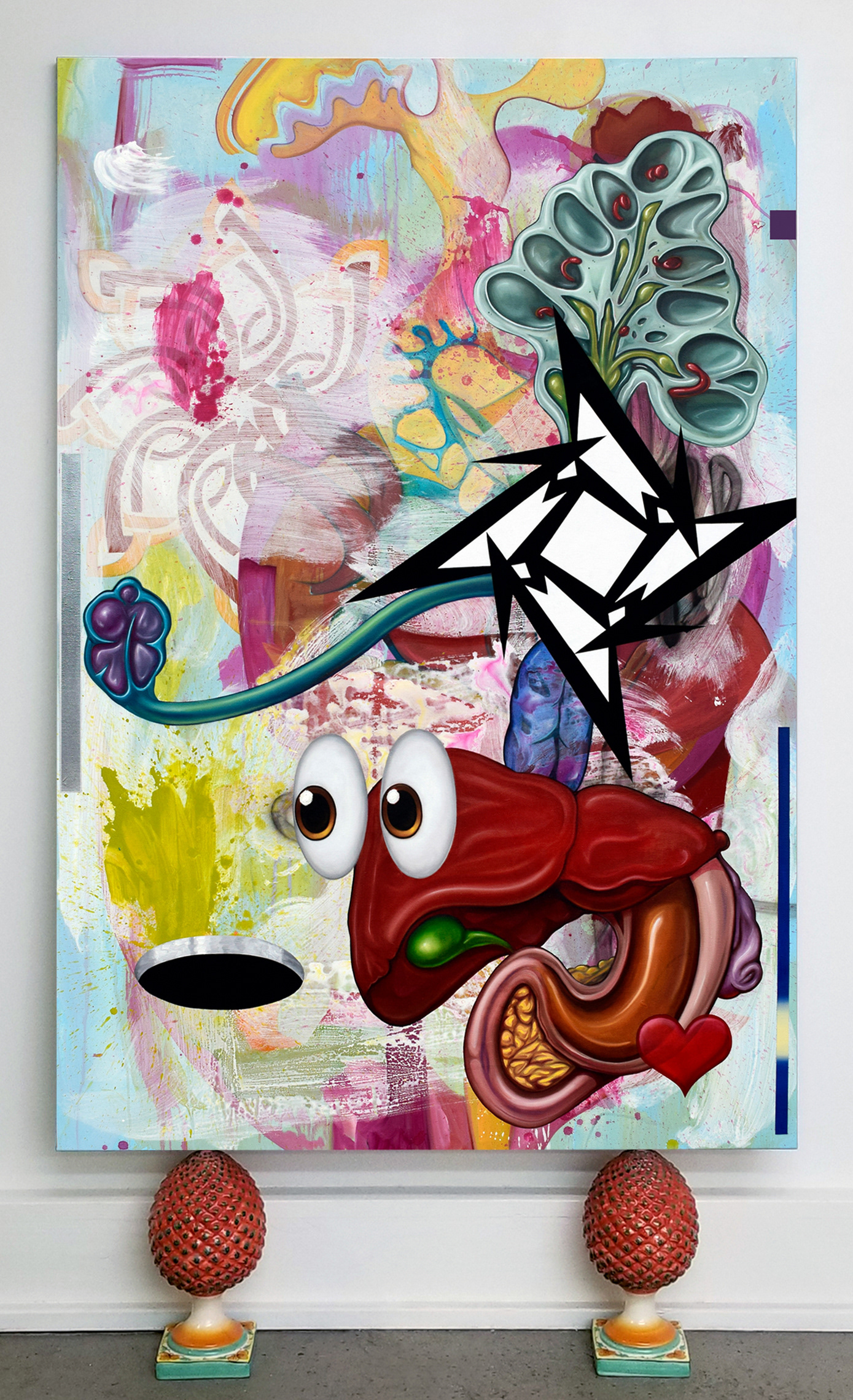 I Think I Hit Your Back Button, 2021 Mixed media on canvas with ceramic pineal glands, 48"x84"