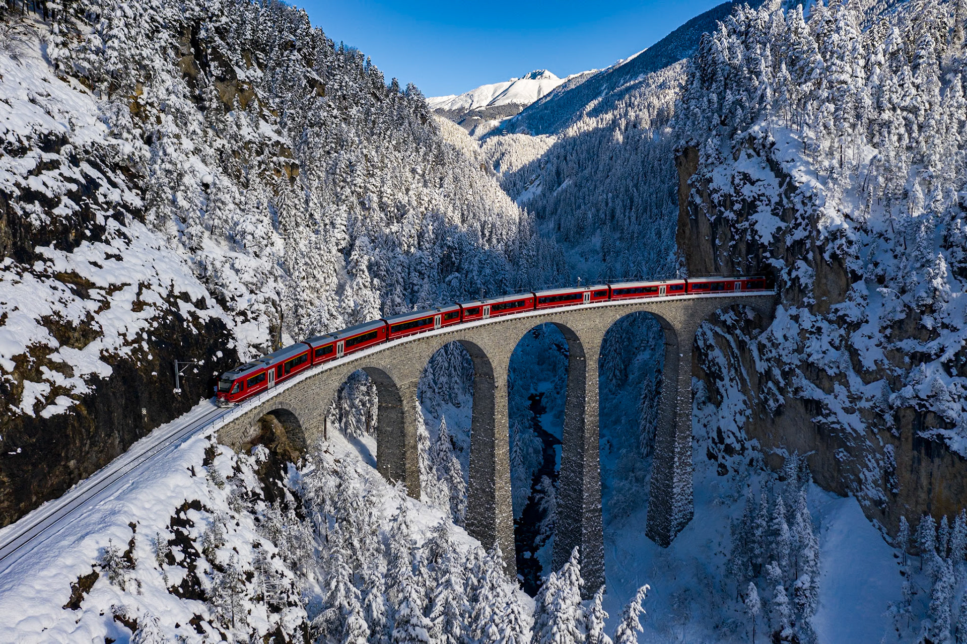 Switzerland, snow, Filisur, Landwasser, Landwasser Viadukt, Engadina, Graubunden, Filusur, Raethian Railway