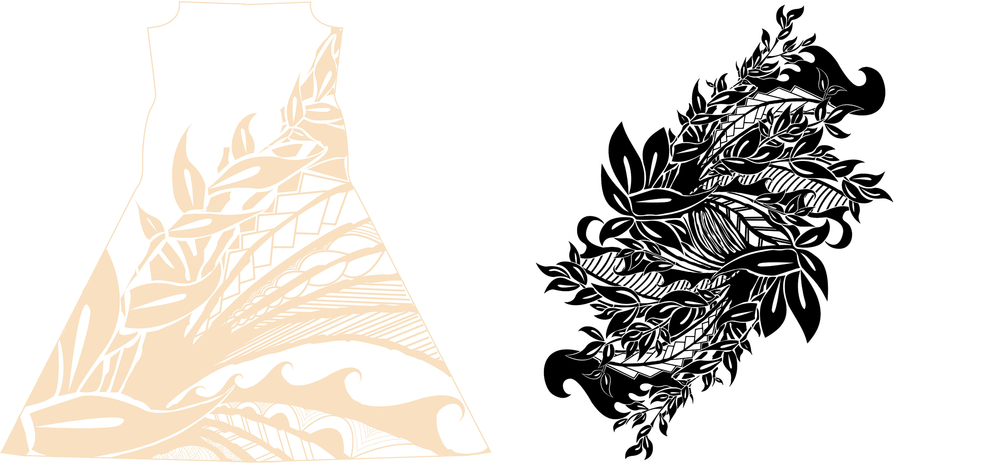 Left: Purchased vector file that was transformed into a full repeatable motif. Right: Print was designed to be very detailed because of the large scale of the final print.