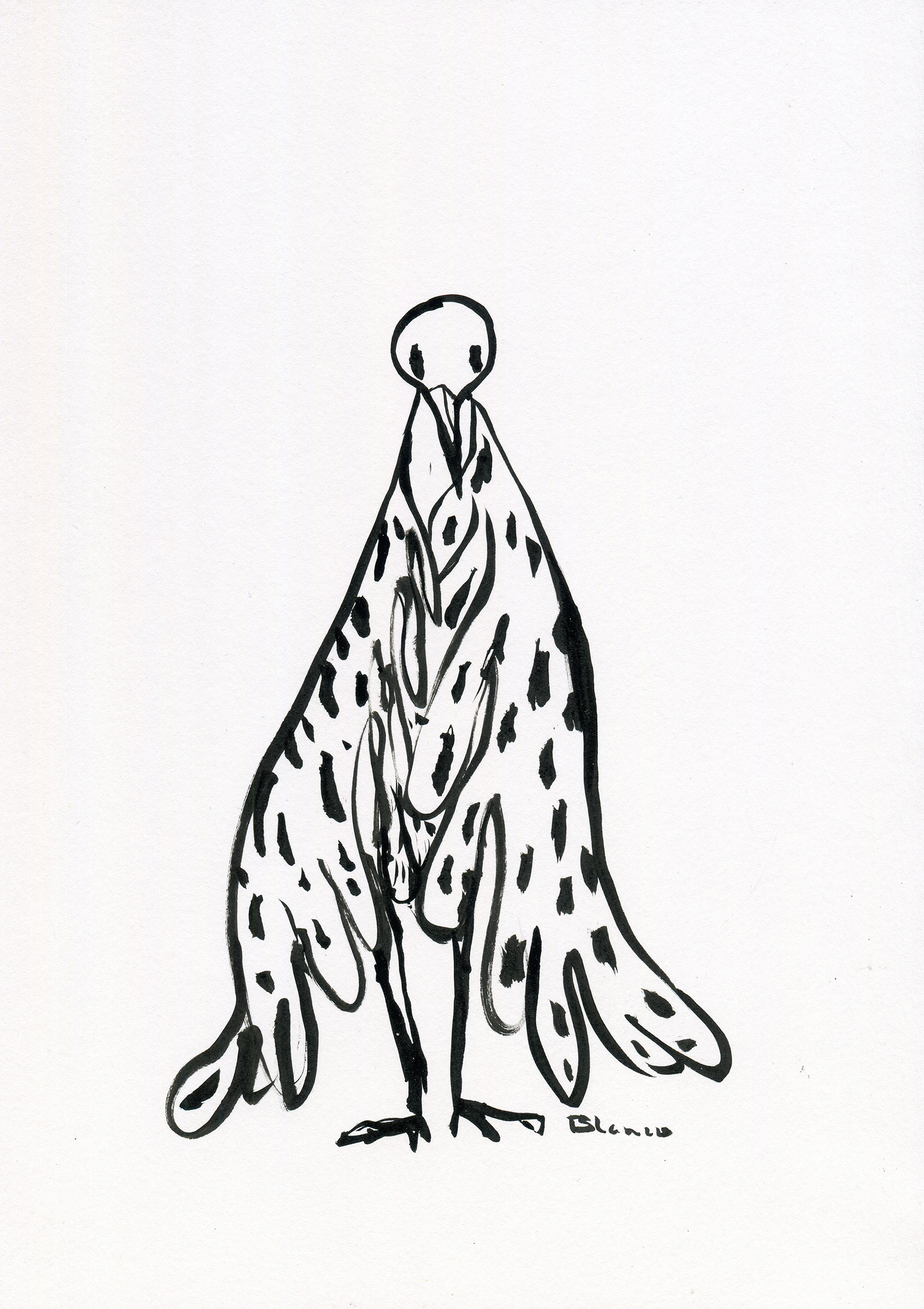 Sad looking bird with blanket line drawing illustration