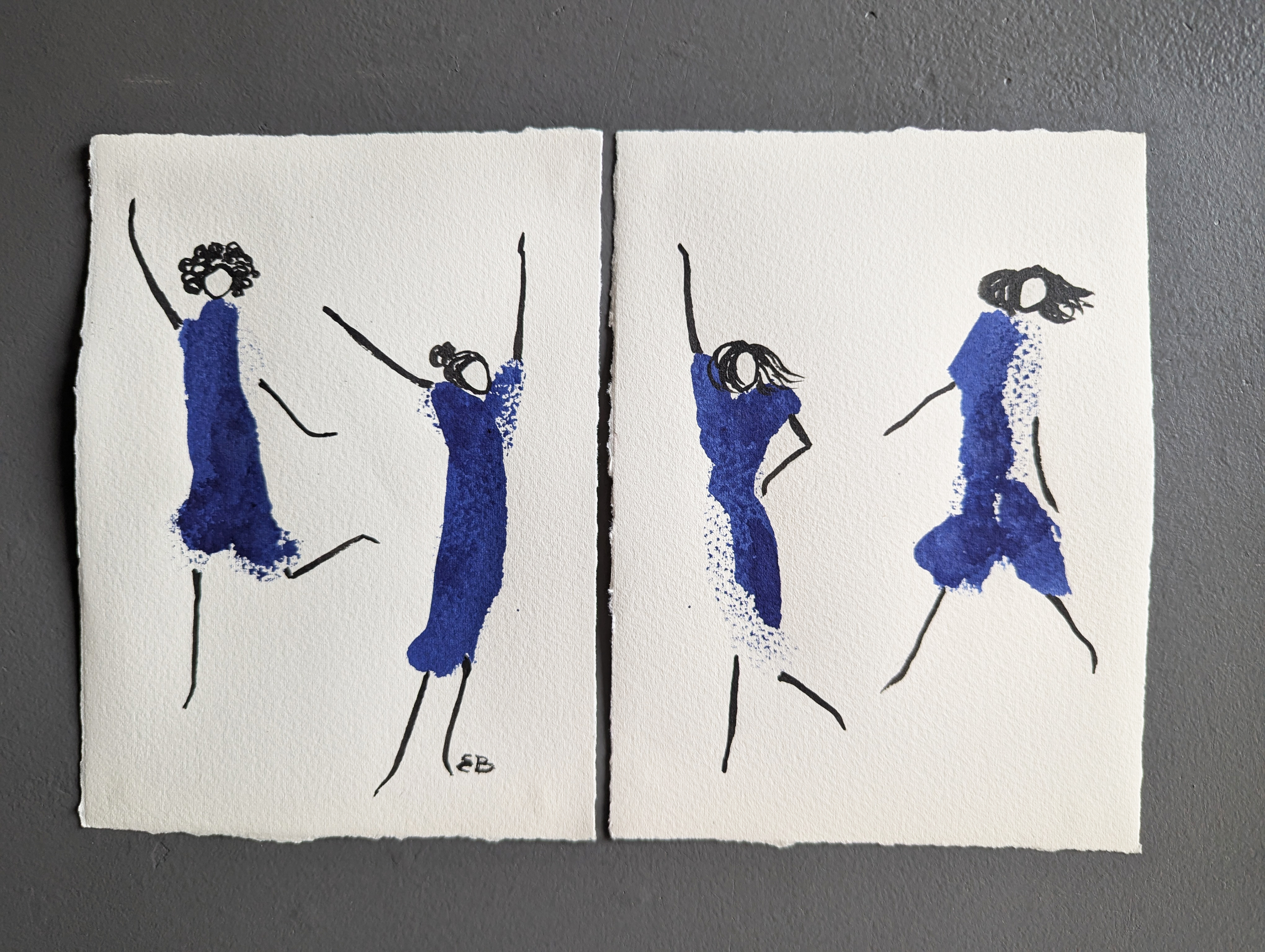 Doodle girls in blue and black ink dancing, part of the How to be a girl collection by Elena Blanco