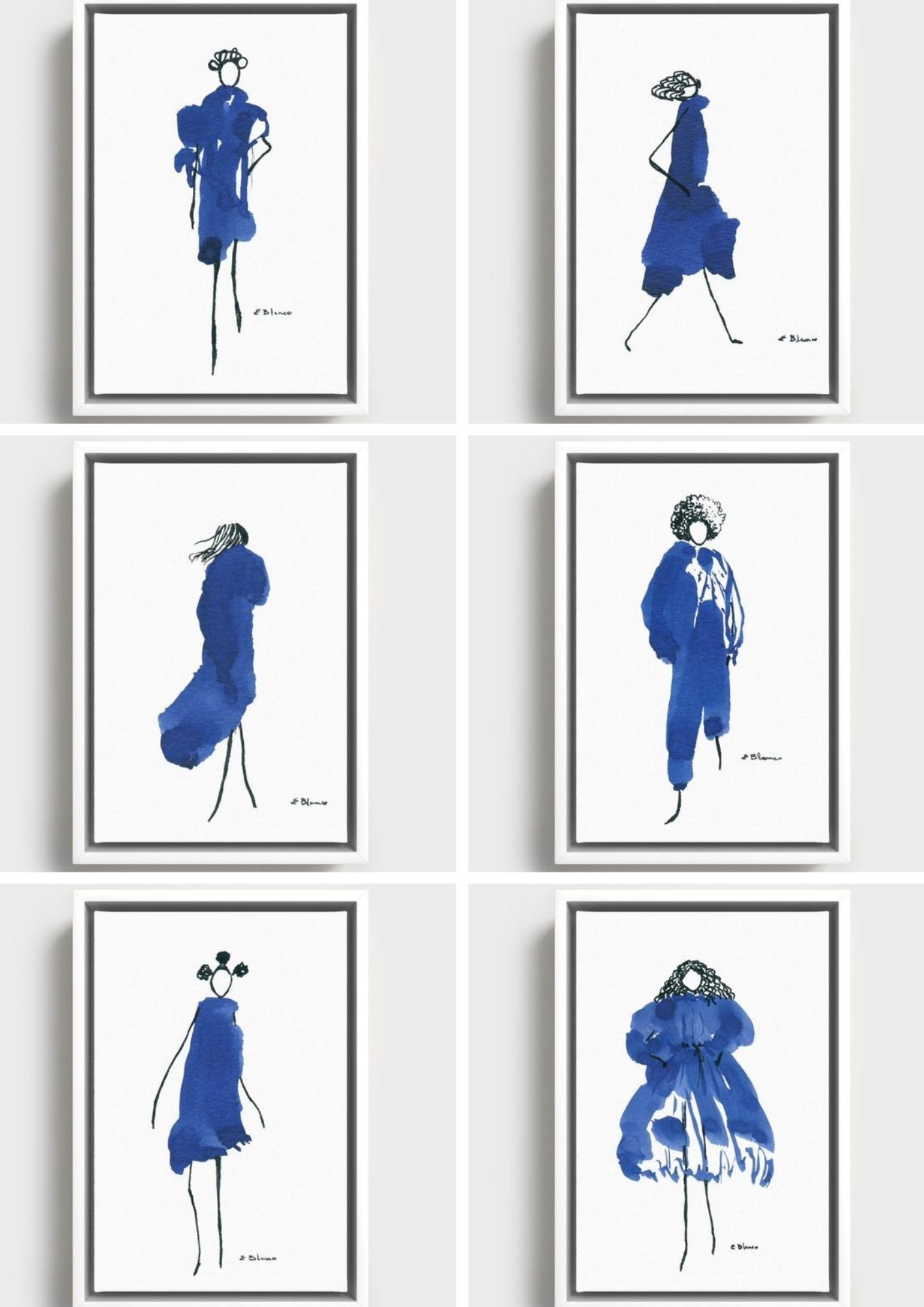 6-picture grid of blue doodle girl illustrations from Elena Blanco's collection How to be a girl or the Fashionista girls