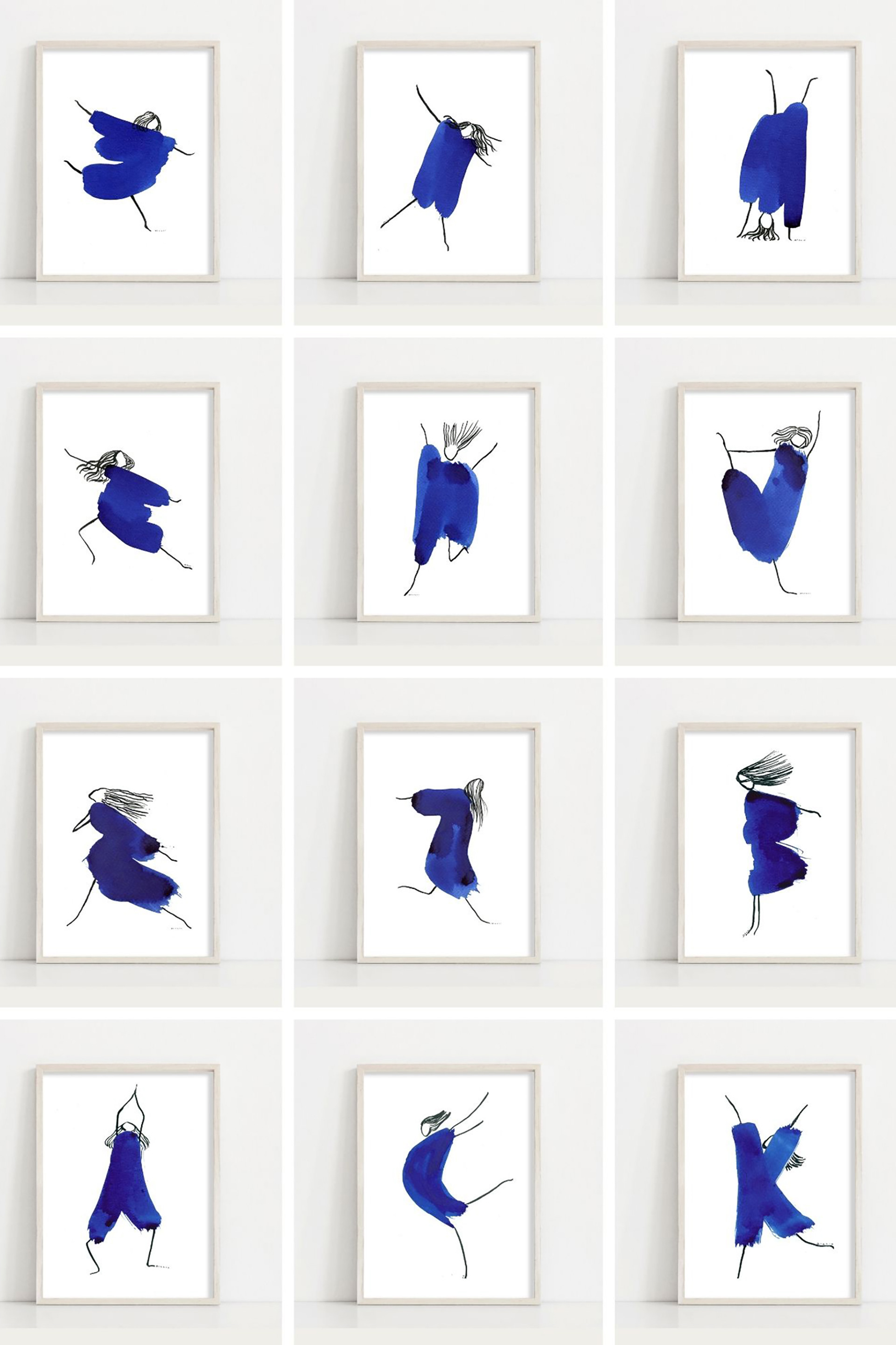 12-picture grid showing doodle girls dancing and jumping in abstract blue ink garments: the original How to be a girl collection created by Elena Blanco