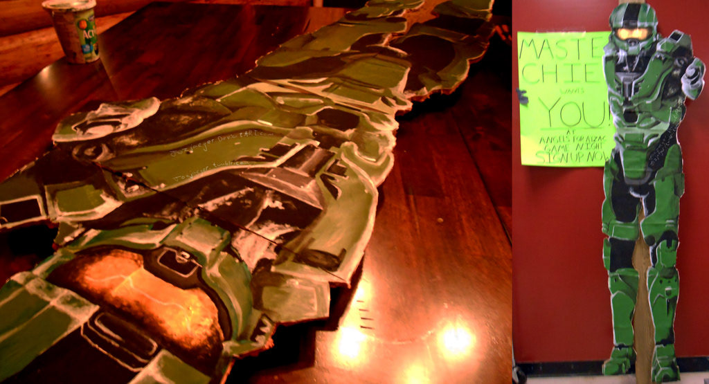 Life-sized hand painted and cut cardboard cutout of Master Chief for high school game competition. 2013