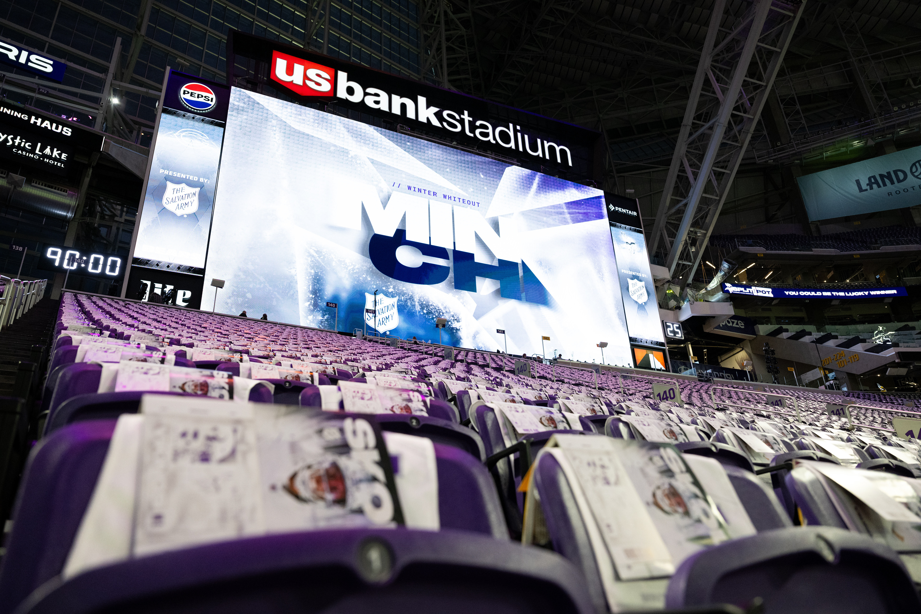 Videoboard content and game programs were reimagined to match the Winter Whiteout look.
