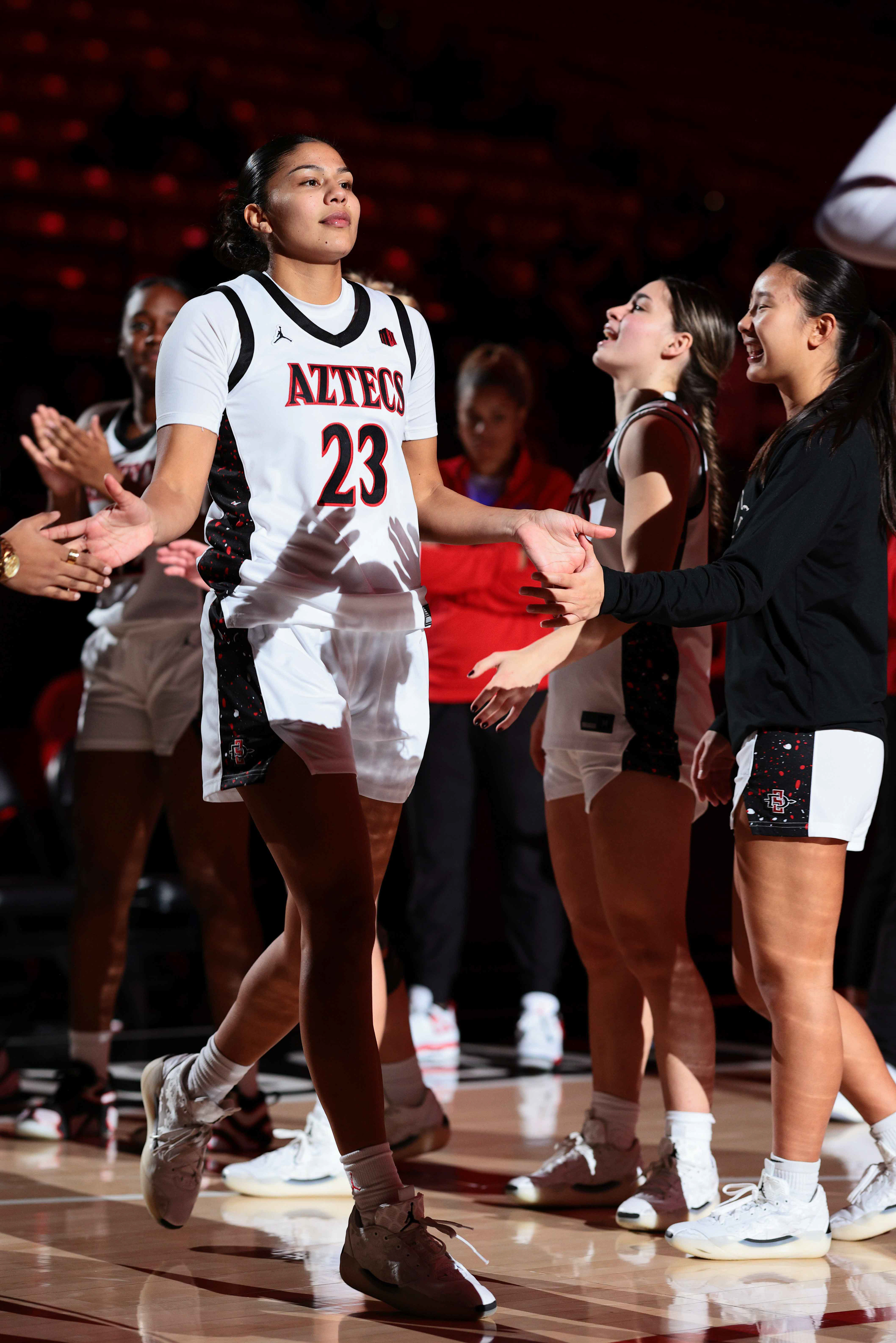 Player announcements for SDSU Aztecs Women's Basketball at home in the Viejas Arena during the 2024-2025 season