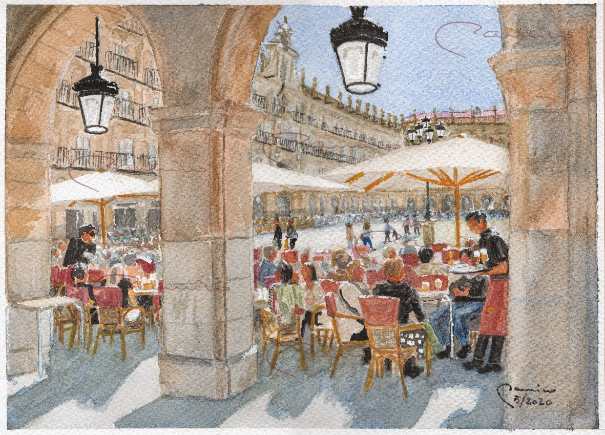 Salamanca. Acuarelas: Descansando en la Plaza Mayor