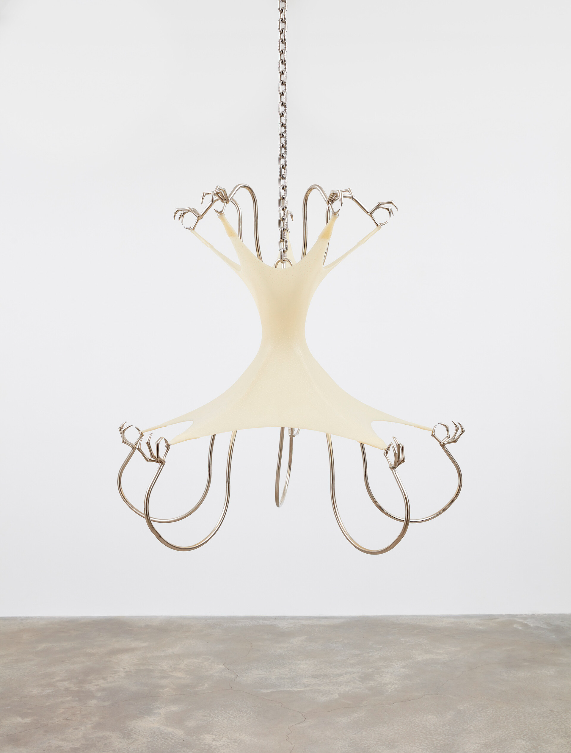 Hannah Levy, Untitled, 2020. Nickel-plated steel, silicone, 213.36 x 213.36 x 213.36 cm. Image courtesy the artist and Casey Kaplan, New York. 